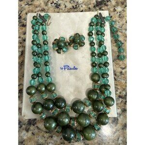 Vtg Pakula Gold Tone & Green  3 Strand Necklace & Matching Earrings